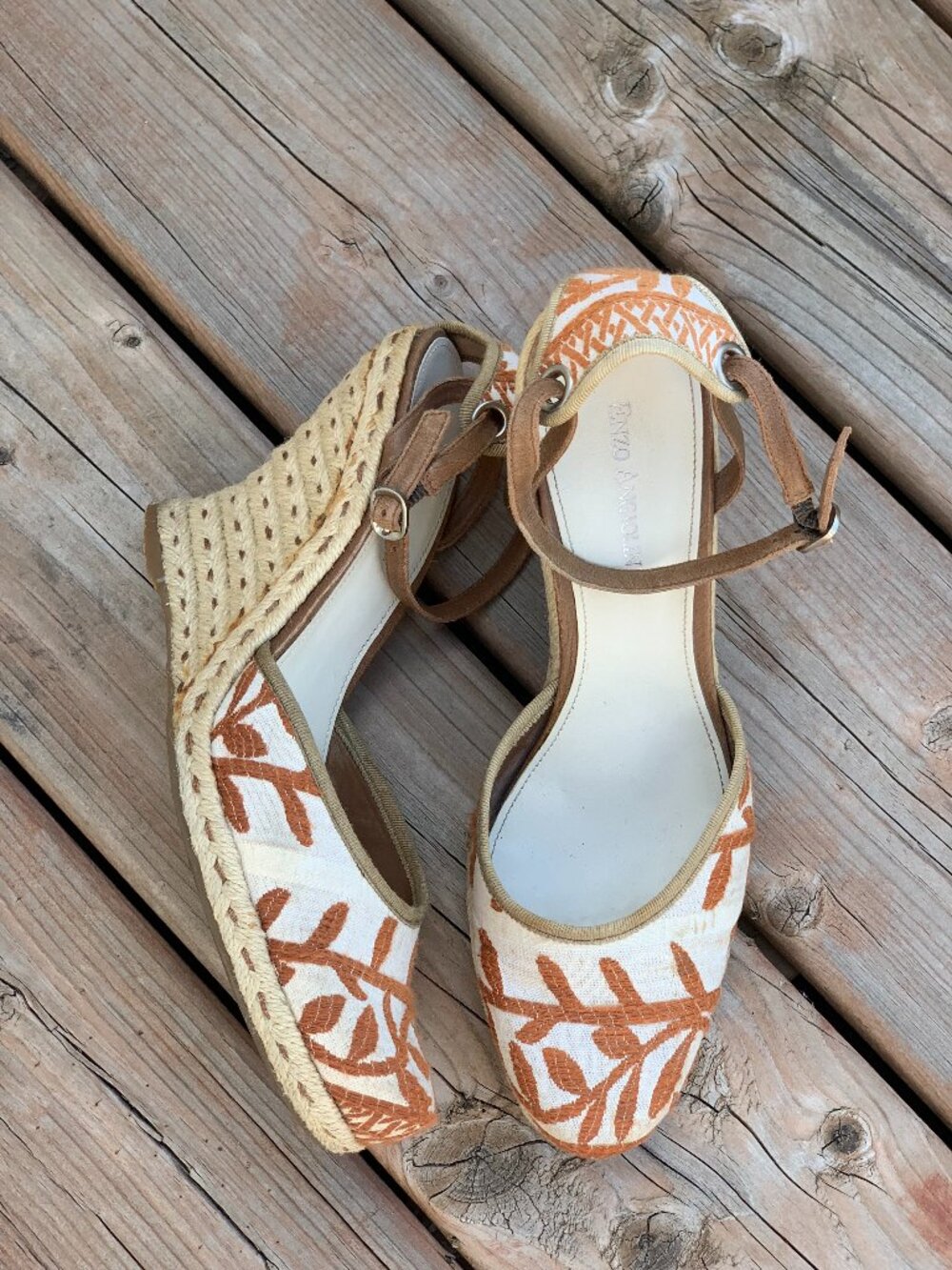 Enzo Angiolini Espadrille Wedge Sandals 9 Tan Orange Embroidery Ankle Strap Boho